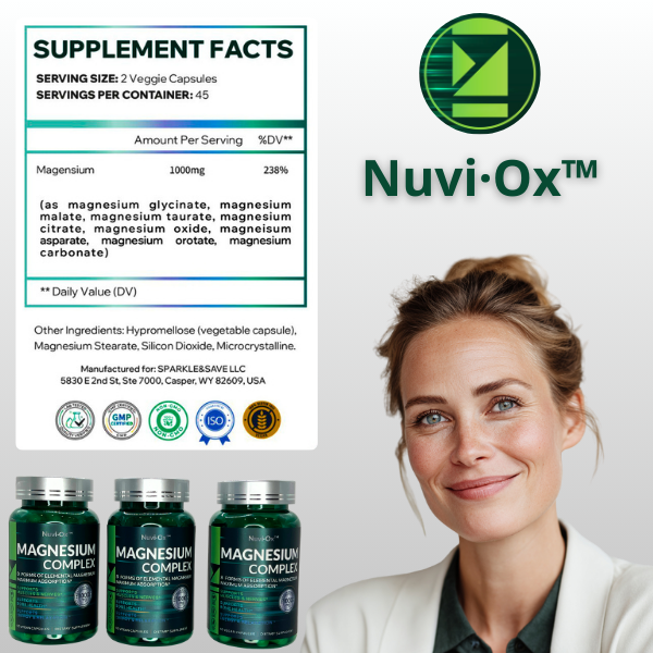 NuviOx 8-Form Magnesium Complex – 1000mg Elemental Magnesium | Glycinate, Malate, Taurate, Citrate | Vegan, Non-GMO, 90 Capsules