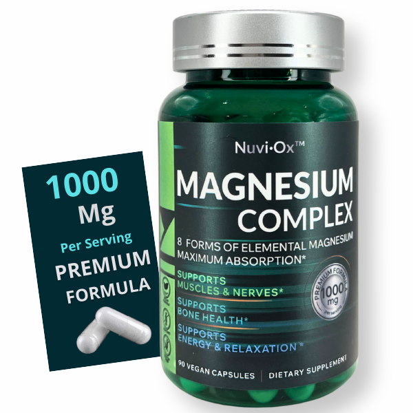NuviOx 8-Form Magnesium Complex – 1000mg Elemental Magnesium | Glycinate, Malate, Taurate, Citrate | Vegan, Non-GMO, 90 Capsules